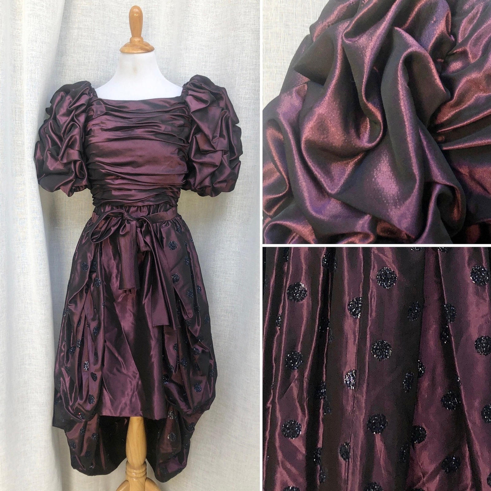 1980 Diane Dickinson Burgundy Prom Acetate Taffeta Dress Puffy Sleeves Overskirt